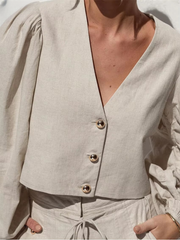 Loose Linen Long Sleeve Shirt With High Waist Shorts 2 Piece Sets Mssza