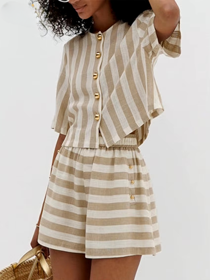 Casual Shirt With High Waist Shorts Loose Stripe 2 Piece Sets Mssza