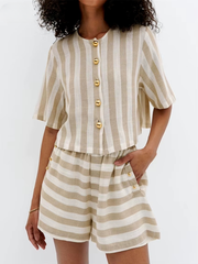 Casual Shirt With High Waist Shorts Loose Stripe 2 Piece Sets Mssza