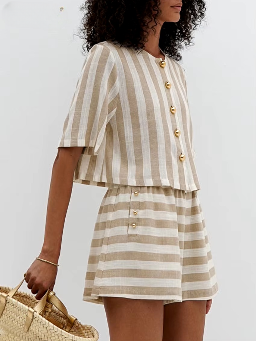 Casual Shirt With High Waist Shorts Loose Stripe 2 Piece Sets Mssza