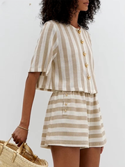 Casual Shirt With High Waist Shorts Loose Stripe 2 Piece Sets Mssza