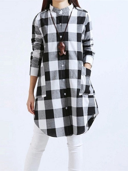 Loose Pocket Button Long Blouses Mssza