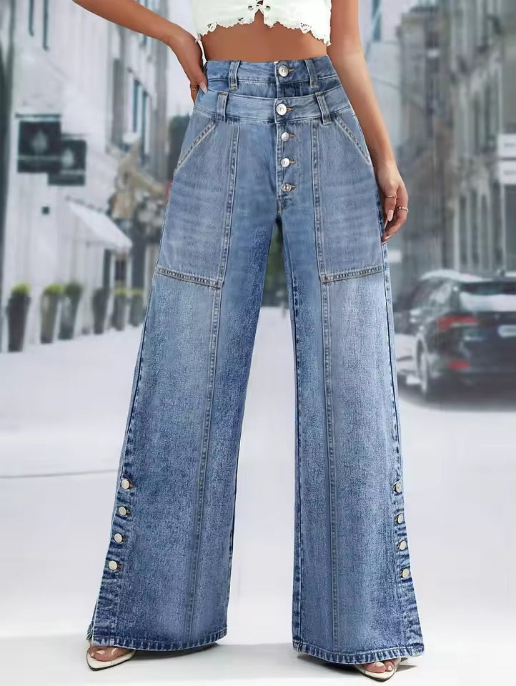 Casual High Waist Button Loose Slimming Straight Wide Leg Jeans Mssza