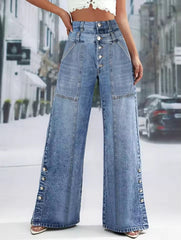 Casual High Waist Button Loose Slimming Straight Wide Leg Jeans Mssza