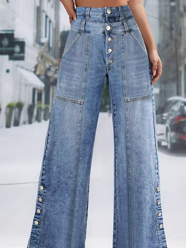 Casual High Waist Button Loose Slimming Straight Wide Leg Jeans Mssza