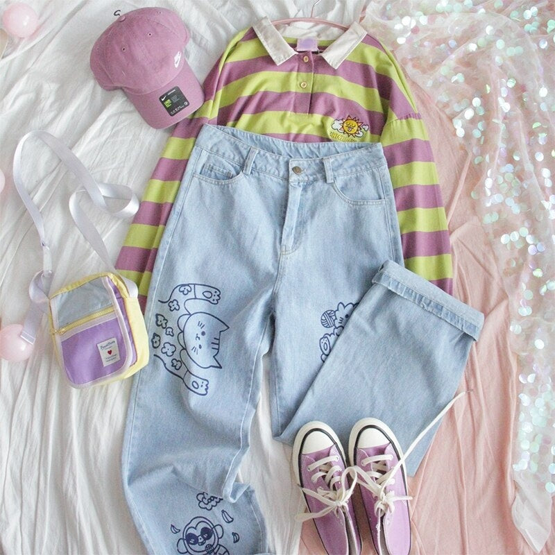 Loose Straight Cute Animal Print Jeans Pants Mssza