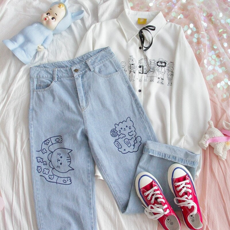 Loose Straight Cute Animal Print Jeans Pants Mssza