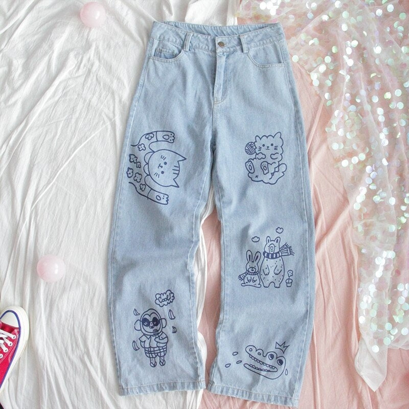 Loose Straight Cute Animal Print Jeans Pants Mssza