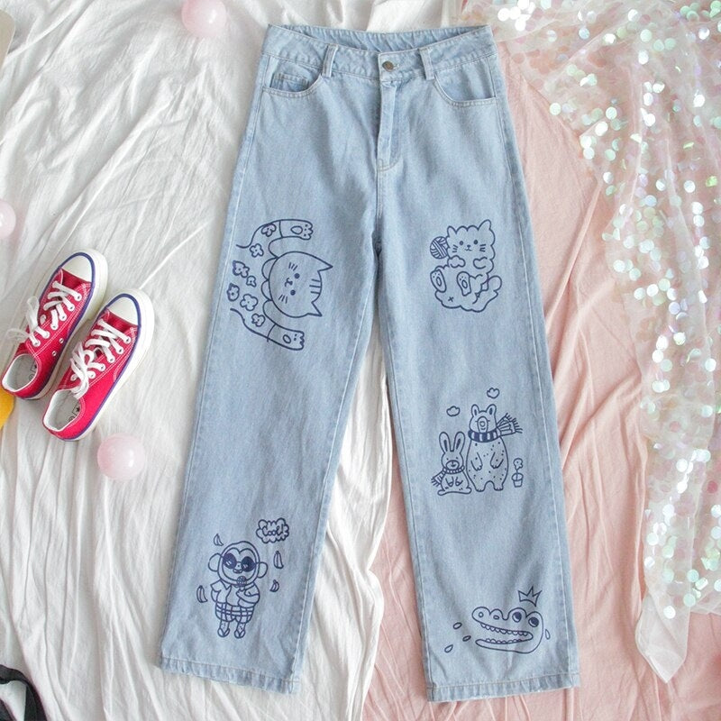 Loose Straight Cute Animal Print Jeans Pants Mssza
