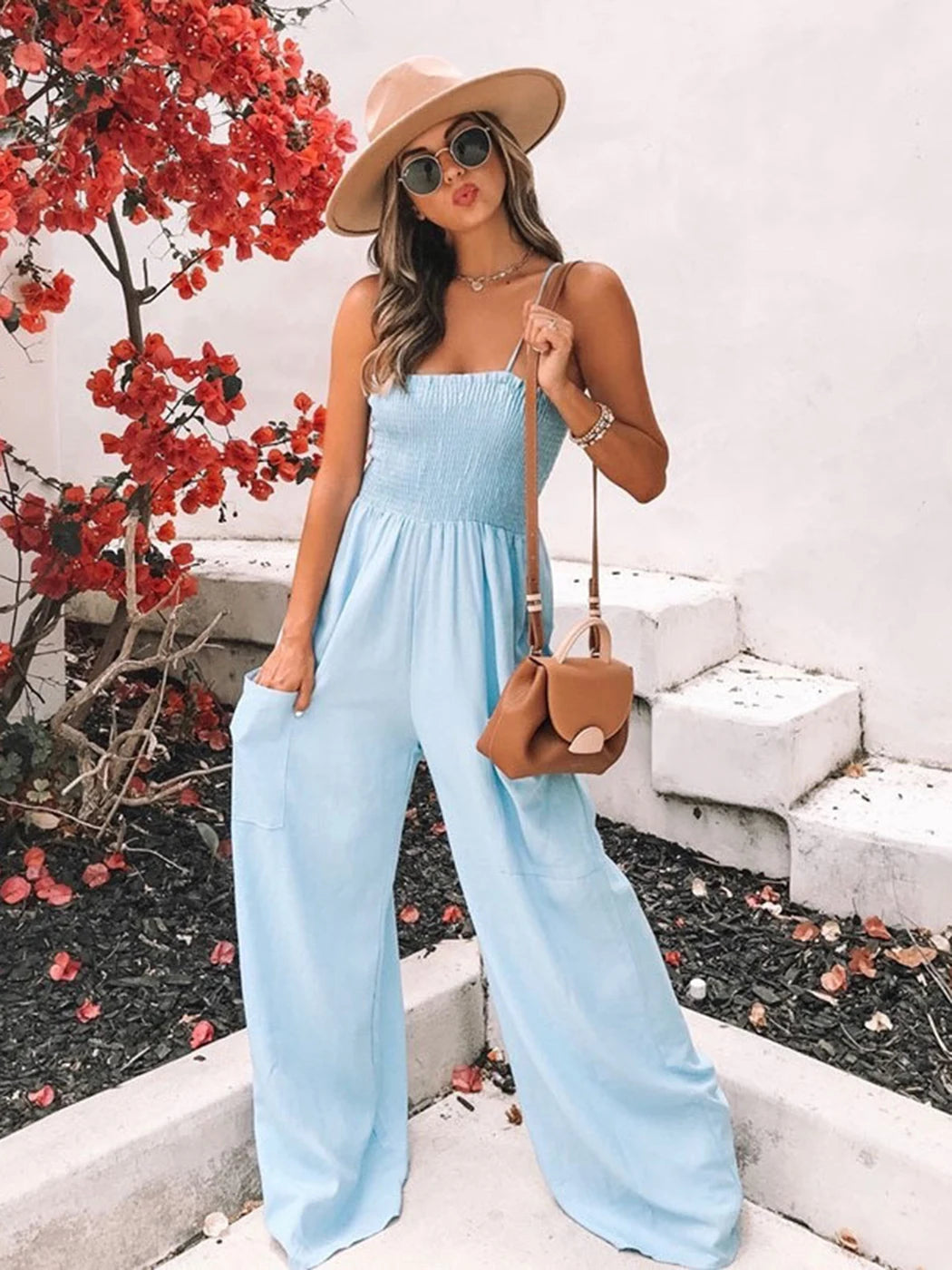 Loose Suspenders Casual Boho Beach Holiday Wide-leg Trousers Jumpsuit Mssza