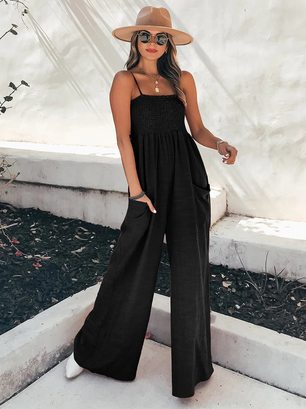 Loose Suspenders Casual Boho Beach Holiday Wide-leg Trousers Jumpsuit Mssza