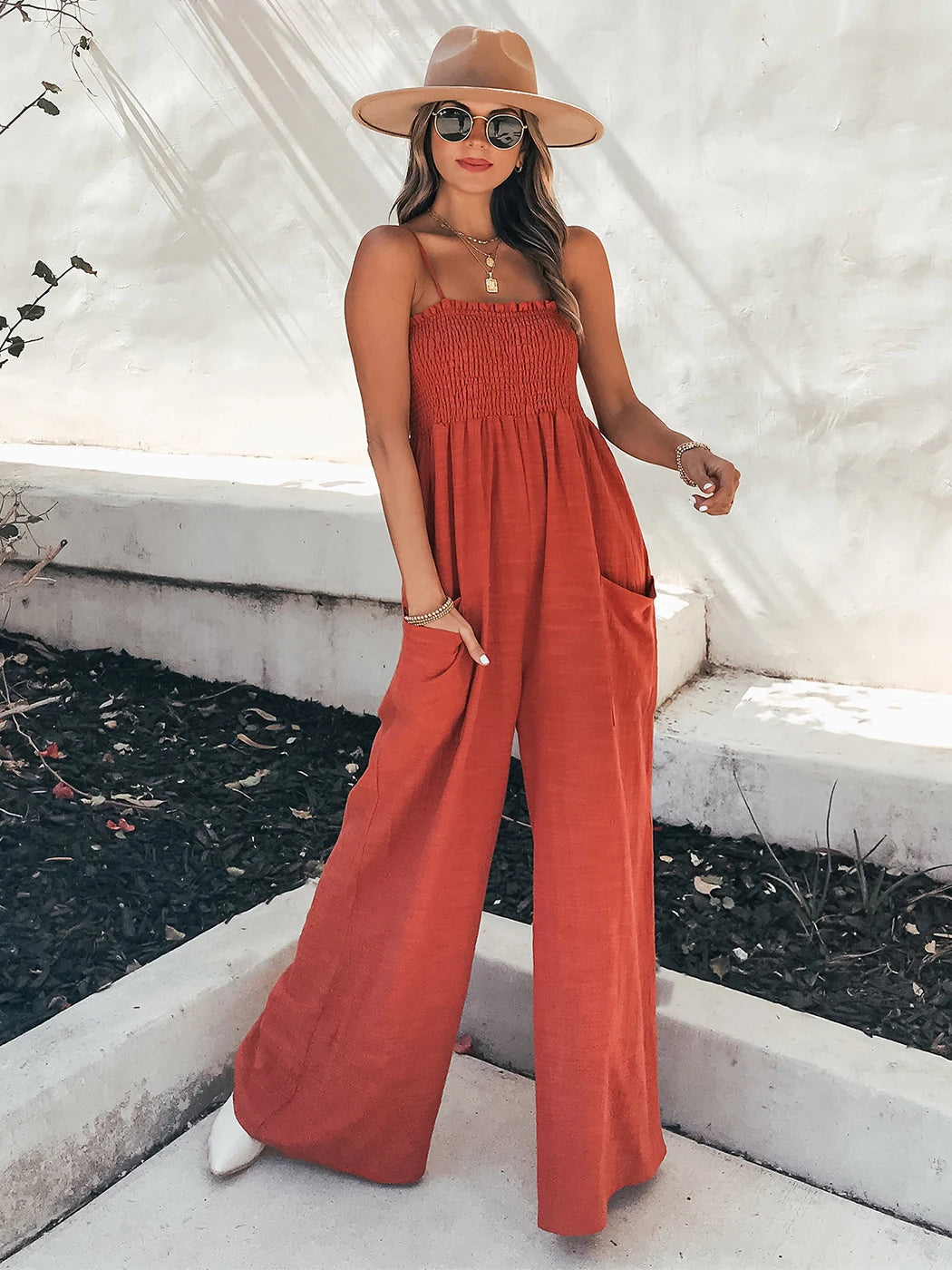 Loose Suspenders Casual Boho Beach Holiday Wide-leg Trousers Jumpsuit Mssza