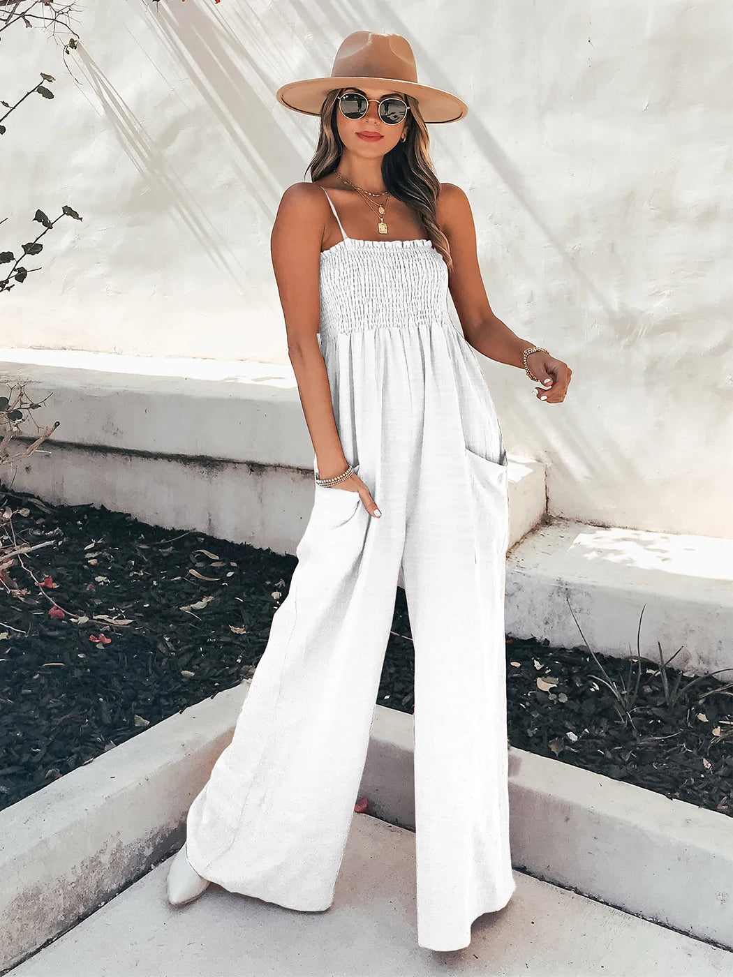 Loose Suspenders Casual Boho Beach Holiday Wide-leg Trousers Jumpsuit Mssza