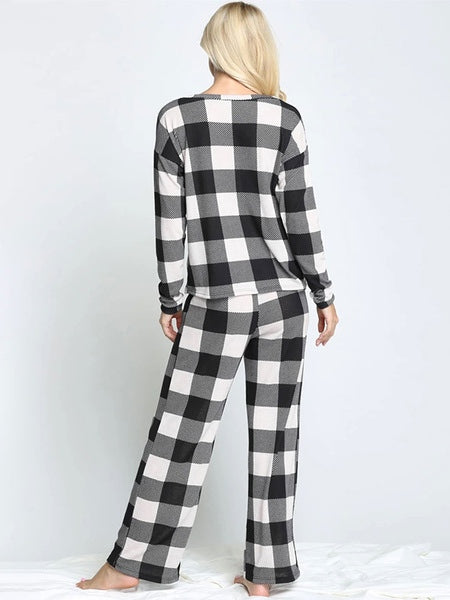 Loungewear Long Sleeve Leopard Plaid Polyester Pajamas 2-Piece Set Mssza