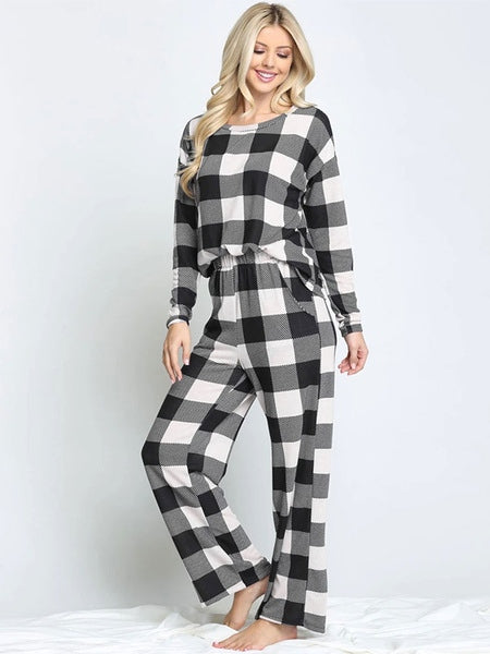 Loungewear Long Sleeve Leopard Plaid Polyester Pajamas 2-Piece Set Mssza