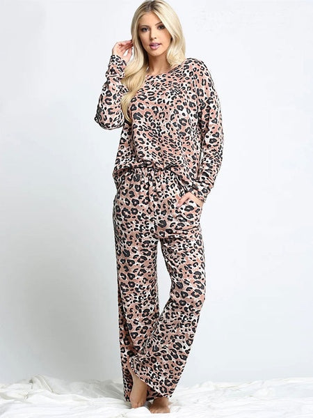 Loungewear Long Sleeve Leopard Plaid Polyester Pajamas 2-Piece Set Mssza