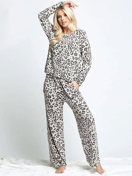 Loungewear Long Sleeve Leopard Plaid Polyester Pajamas 2-Piece Set Mssza
