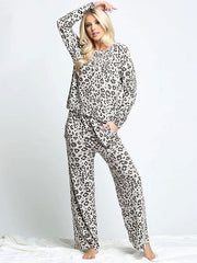 Loungewear Long Sleeve Leopard Plaid Polyester Pajamas 2-Piece Set Mssza