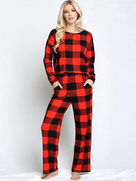 Loungewear Long Sleeve Leopard Plaid Polyester Pajamas 2-Piece Set Mssza