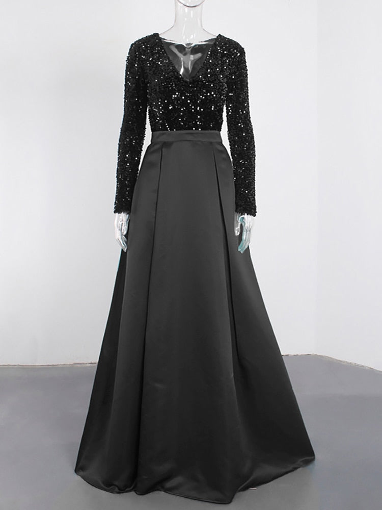 Lush Black Sequin Patchwork Maxi Prom Dress Mssaz Desses