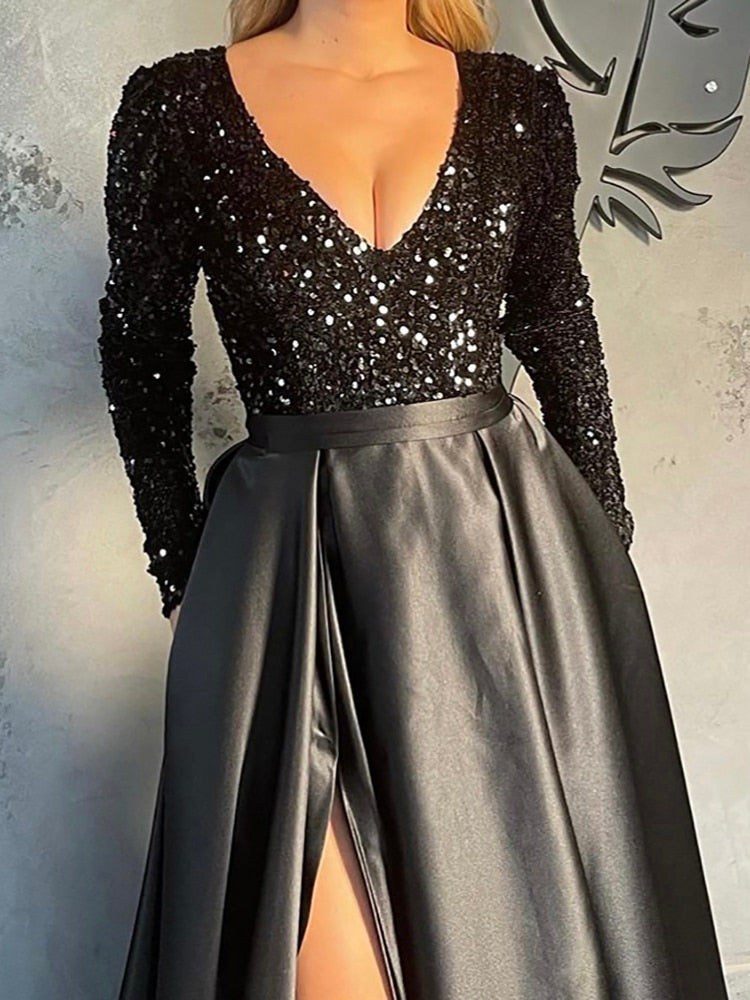 Lush Black Sequin Patchwork Maxi Prom Dress Mssaz Desses
