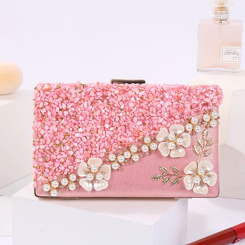 Luxury Appliques Beading Pearl Flower Hasp Clutch Evening Handbags Mssza