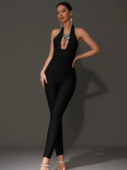 Luxury Backless Halter Flower Diamonds Bodycon Bandage Jumpsuit Mssza