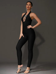 Luxury Backless Halter Flower Diamonds Bodycon Bandage Jumpsuit Mssza