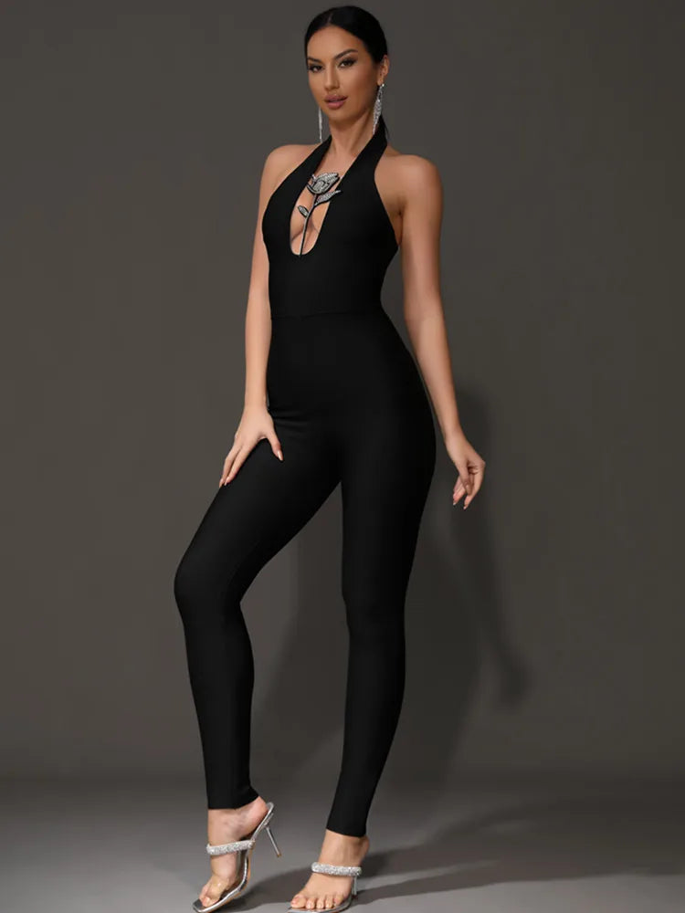 Luxury Backless Halter Flower Diamonds Bodycon Bandage Jumpsuit Mssza