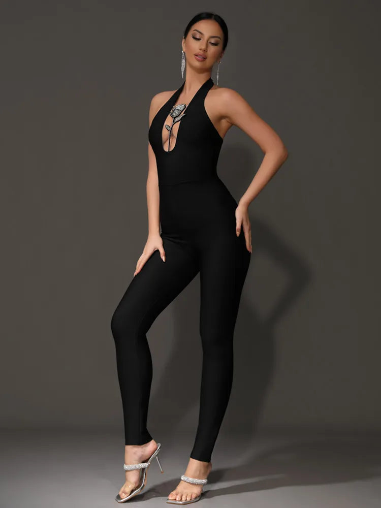 Luxury Backless Halter Flower Diamonds Bodycon Bandage Jumpsuit Mssza