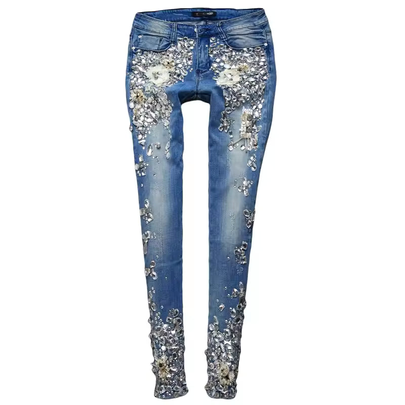 Luxury Beaded Embroidered Flares Diamond Skinny Denim Jeans Mssza