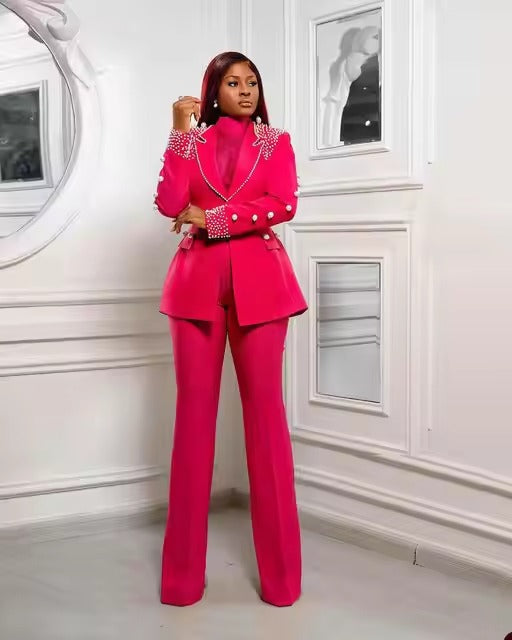 Luxury Beaded Pearls Blazer Flare Trousers Daily Formal Party Pants Jacket Suits Mssza