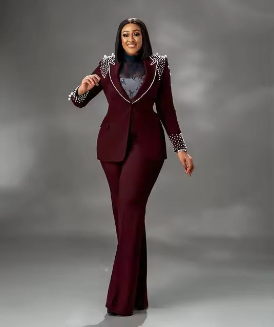 Luxury Beaded Pearls Blazer Flare Trousers Daily Formal Party Pants Jacket Suits Mssza