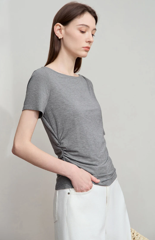 Luxury Boat Neck Asymmetric Short Sleeve Tee Minimalist Slim Fit T-Shirt Mssza