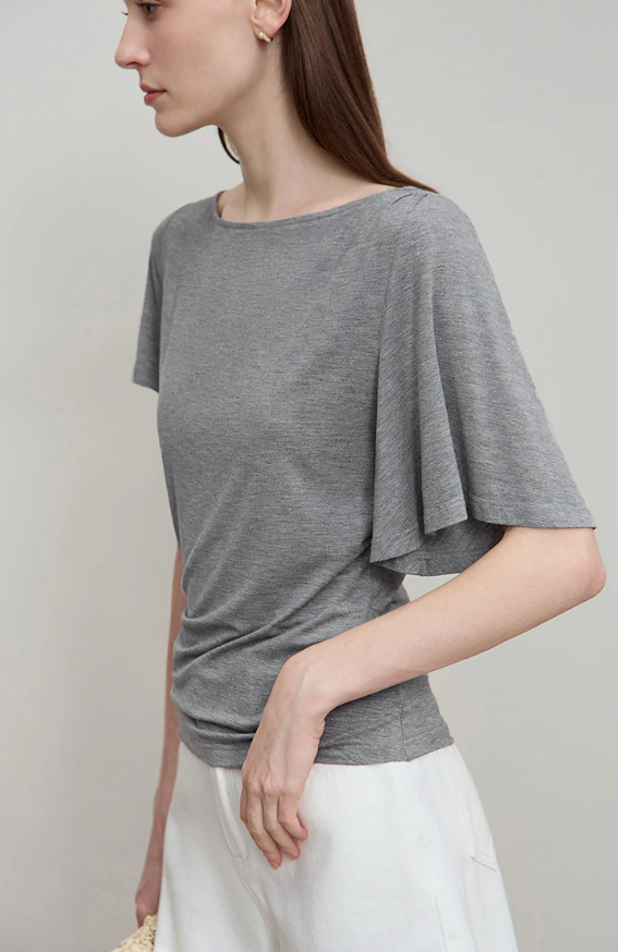 Luxury Boat Neck Asymmetric Short Sleeve Tee Minimalist Slim Fit T-Shirt Mssza