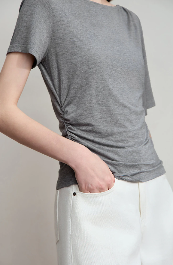 Luxury Boat Neck Asymmetric Short Sleeve Tee Minimalist Slim Fit T-Shirt Mssza