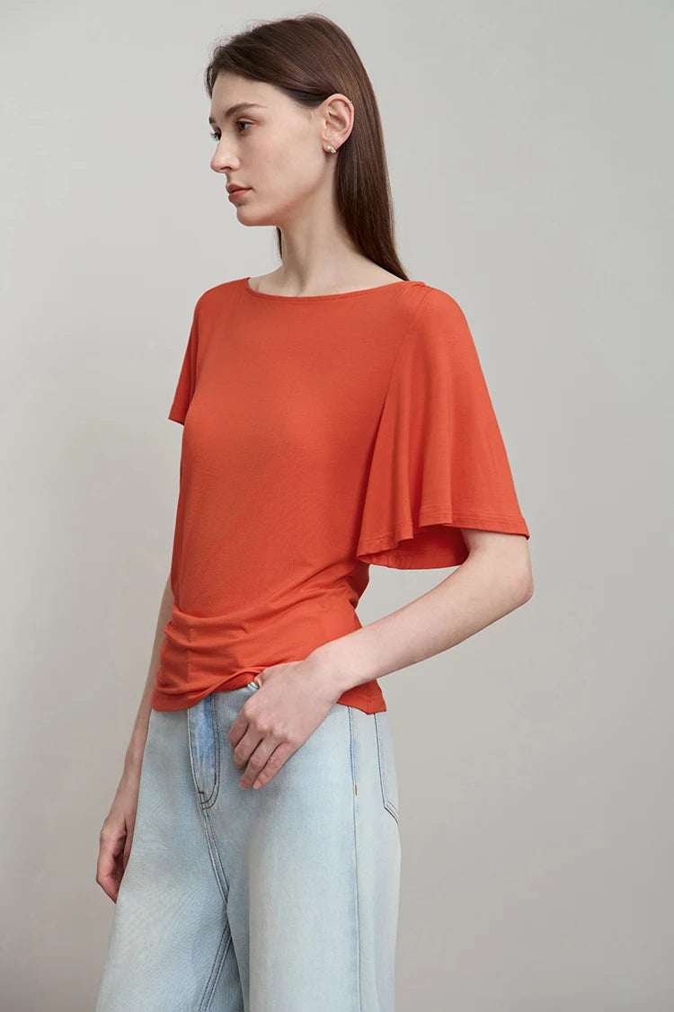 Luxury Boat Neck Asymmetric Short Sleeve Tee Minimalist Slim Fit T-Shirt Mssza