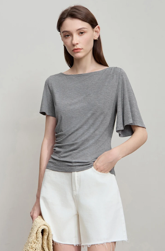 Luxury Boat Neck Asymmetric Short Sleeve Tee Minimalist Slim Fit T-Shirt Mssza