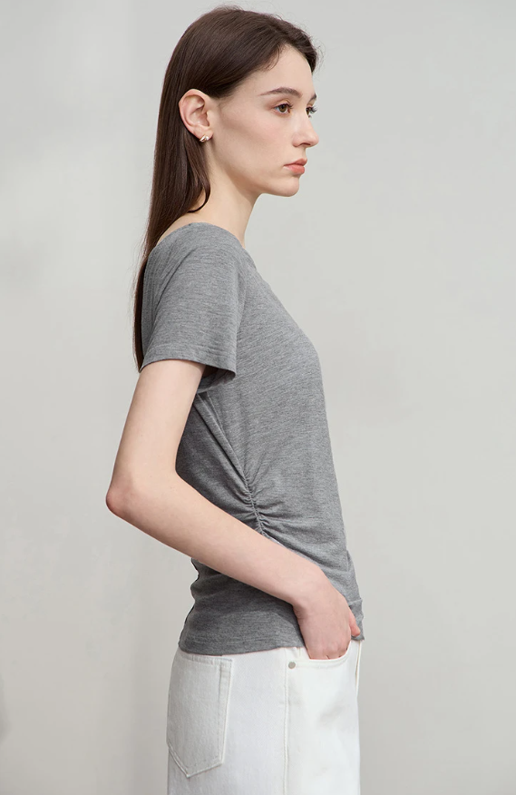 Luxury Boat Neck Asymmetric Short Sleeve Tee Minimalist Slim Fit T-Shirt Mssza