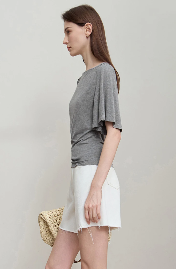 Luxury Boat Neck Asymmetric Short Sleeve Tee Minimalist Slim Fit T-Shirt Mssza