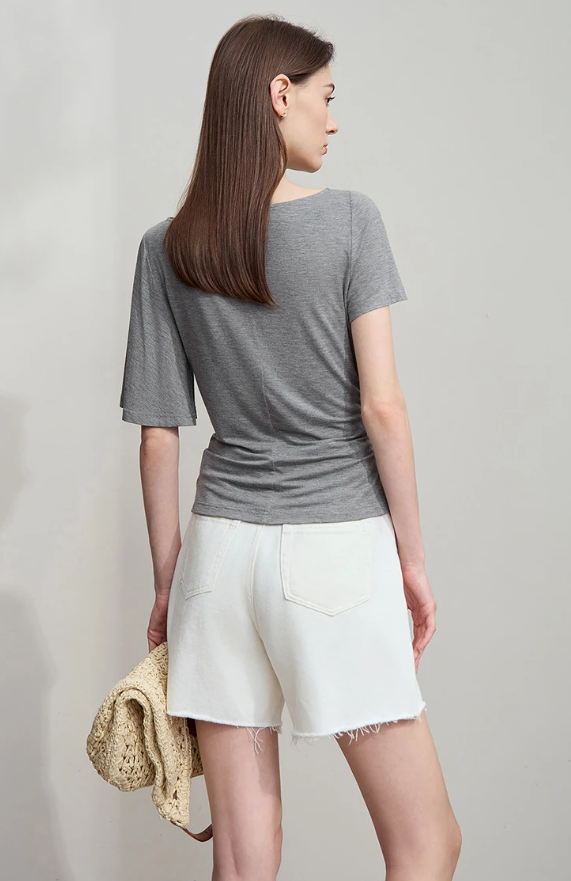 Luxury Boat Neck Asymmetric Short Sleeve Tee Minimalist Slim Fit T-Shirt Mssza