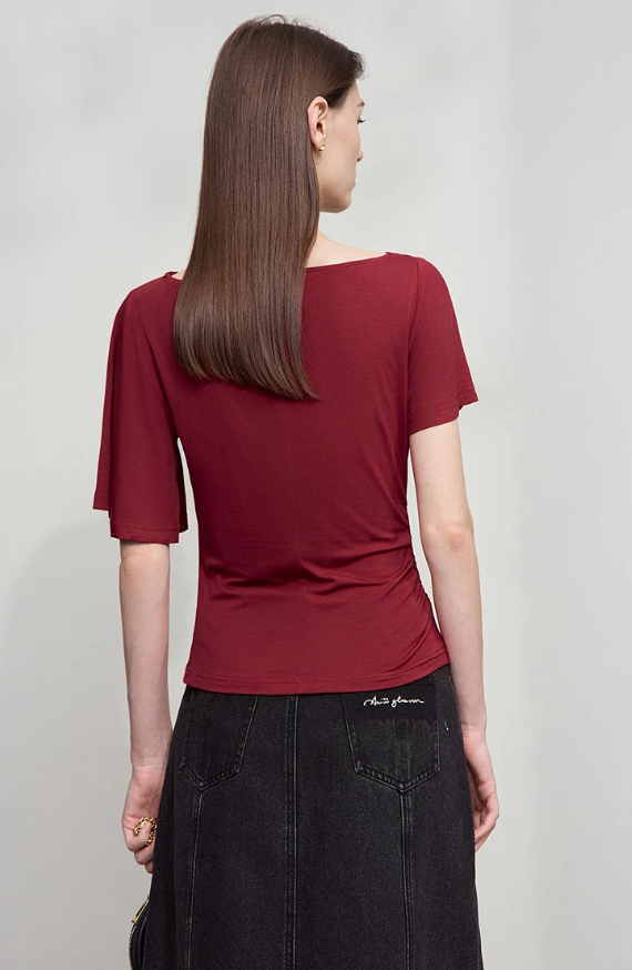 Luxury Boat Neck Asymmetric Short Sleeve Tee Minimalist Slim Fit T-Shirt Mssza