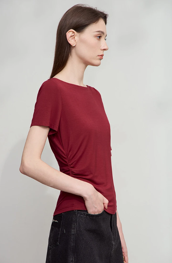 Luxury Boat Neck Asymmetric Short Sleeve Tee Minimalist Slim Fit T-Shirt Mssza
