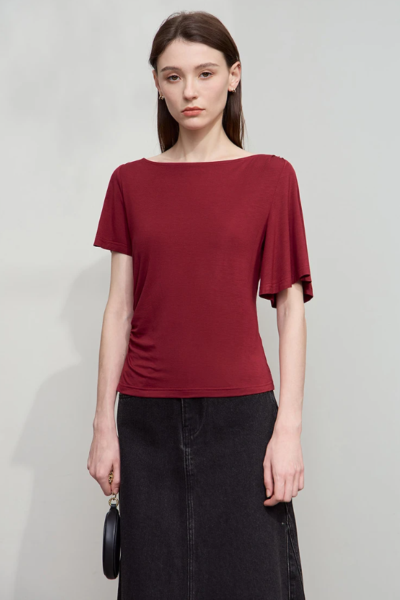 Luxury Boat Neck Asymmetric Short Sleeve Tee Minimalist Slim Fit T-Shirt Mssza