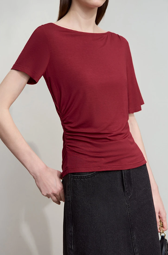 Luxury Boat Neck Asymmetric Short Sleeve Tee Minimalist Slim Fit T-Shirt Mssza