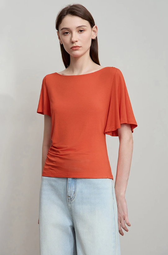 Luxury Boat Neck Asymmetric Short Sleeve Tee Minimalist Slim Fit T-Shirt Mssza