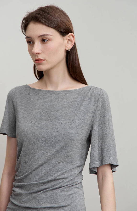 Luxury Boat Neck Asymmetric Short Sleeve Tee Minimalist Slim Fit T-Shirt Mssza