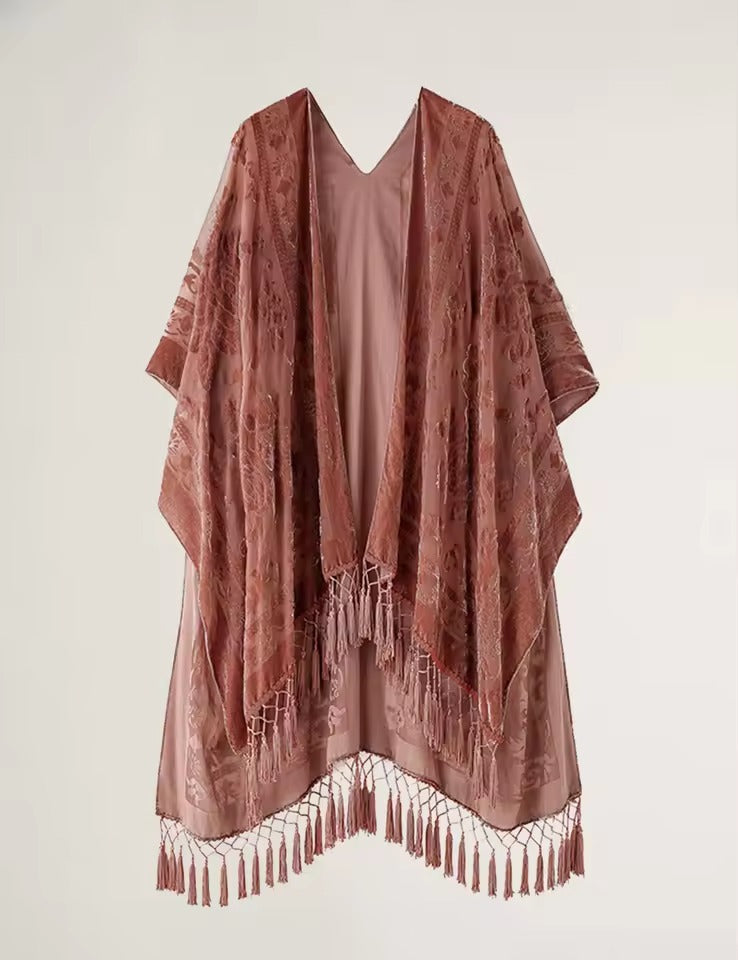 Luxury Burnout Velvet With Tassel Beach Cover-up Kimono Mssza
