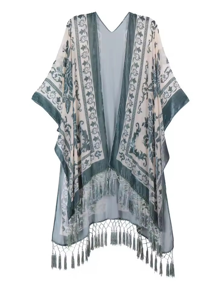 Luxury Burnout Velvet With Tassel Beach Cover-up Kimono Mssza
