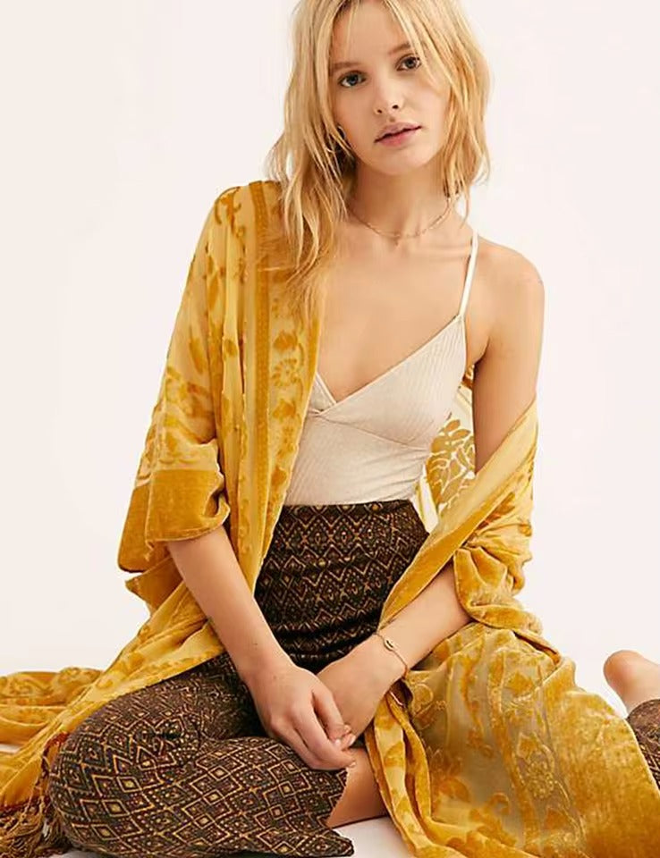 Luxury Burnout Velvet With Tassel Beach Cover-up Kimono Mssza